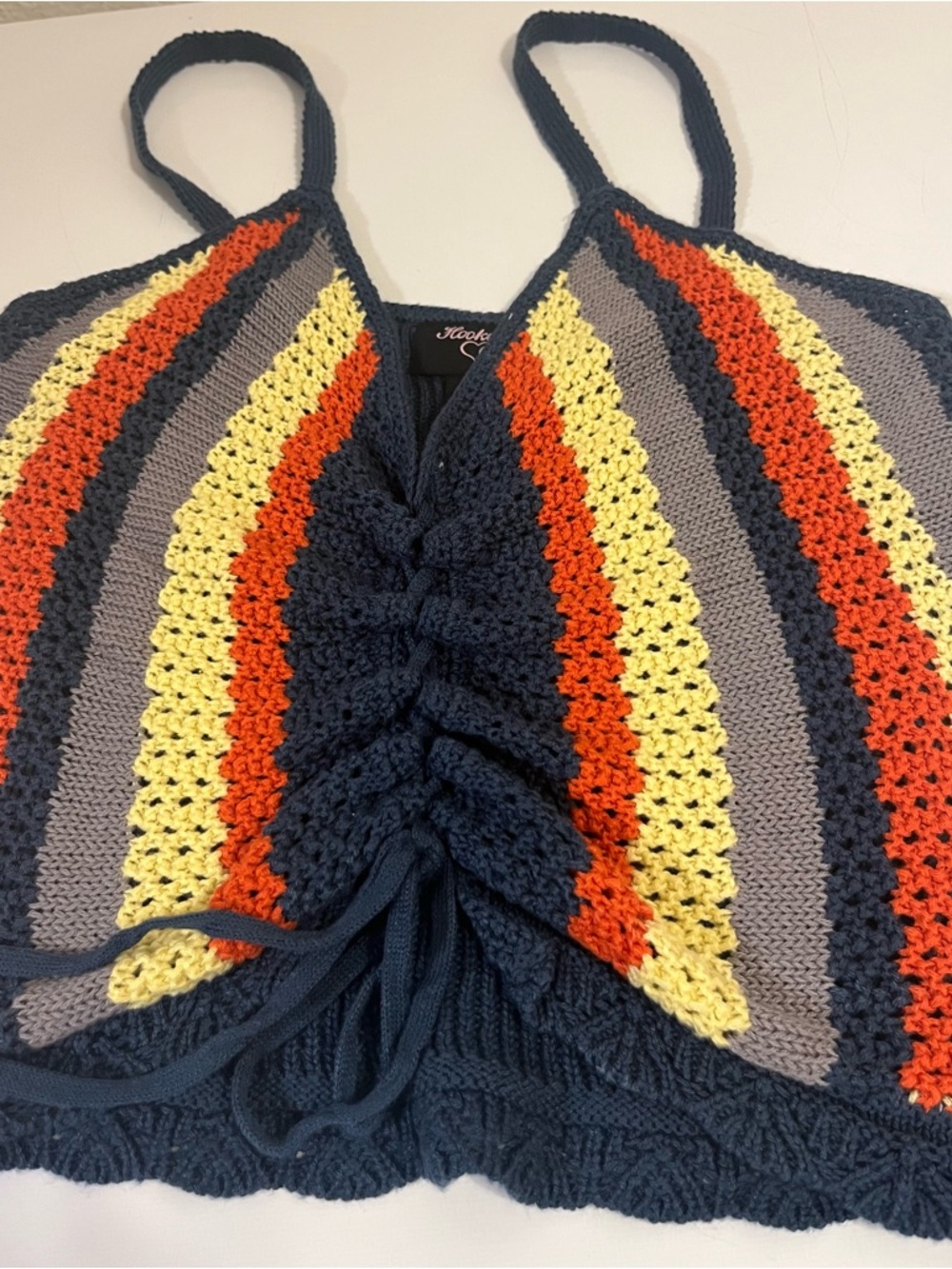 Hooked Up by IOT Navy Crochet Tie-Front Tank with Orange and Yellow Stripes